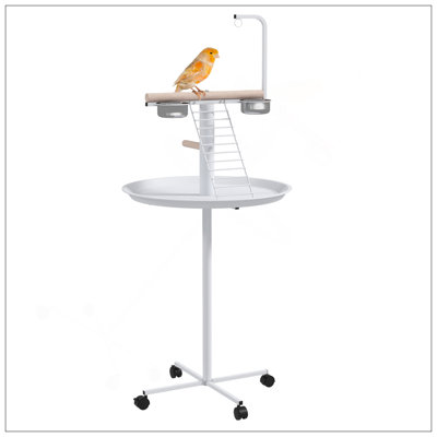 Versatile Parrot Stand With Wheels, Perches, And Stainless Steel Bowls For Indoor And Outdoor Use, White