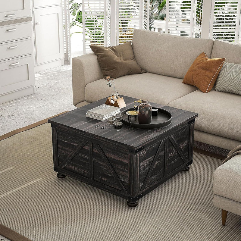Table basse de style campagnard, table basse carrée de 31,5 po avec rangement, table centrale de salon avec plateau rabattable à charnières et espace caché, brun vieilli