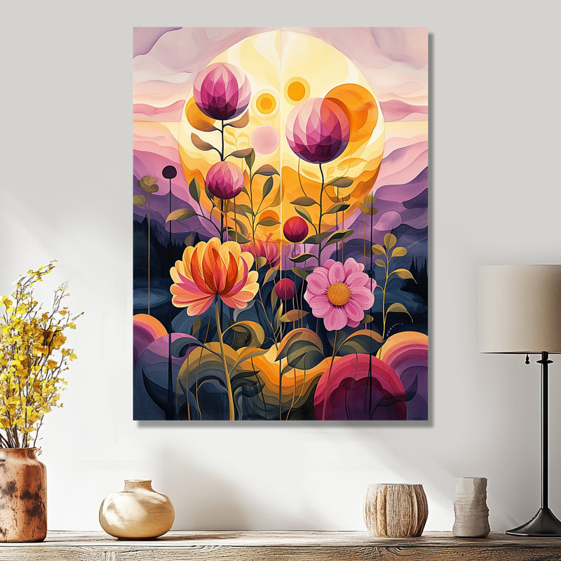 Fleurs mauves, paysage, soleil éclatant - botanique, art mural, Sans cadre, métal, H 20 po x l 12 po