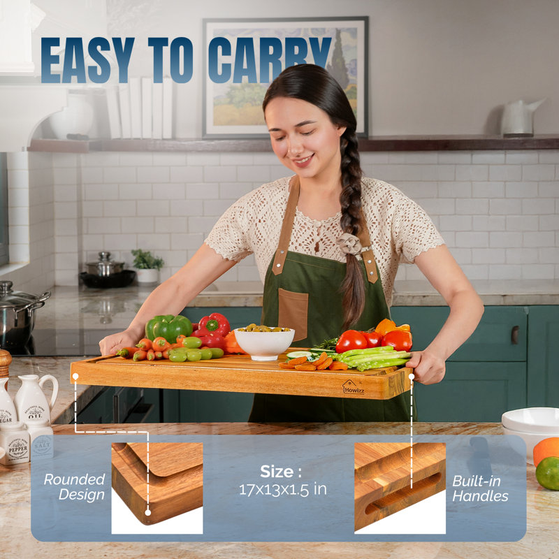 Howard Edge Grain Acacia Solid Wood Cutting Board - Reversible Extra Large Butcher Block with Juice Groove and Easy Grip Handle for Chopping, Serving, and Meal Prep