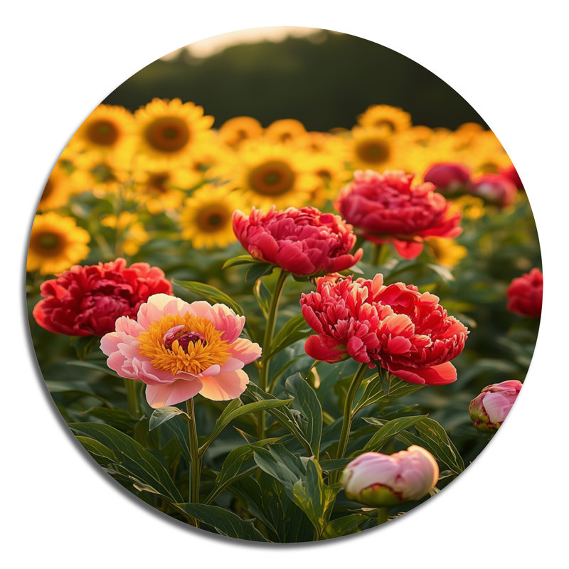 Pressley - pivoines rondes, impression sur métal rouge traditionnel, H 16 po x l 16 po
