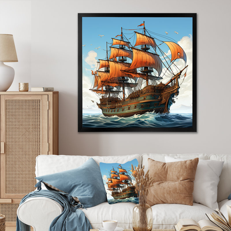 Dessin d'aventure, bateau pirate - Art mural, Cadre photo noir, H 16 po x l 16 po x P 1 po