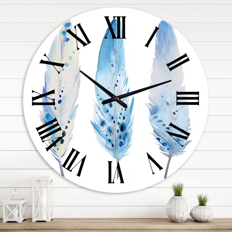 Horloge murale Blue Boho Feathers II - Lake House, Surdimensionné