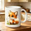 A Charming Ceramic Coffee Mug Featuring a Playful Orange Fox Surrounded by Green Leaves And Dandelions, Perfect for Halloween.