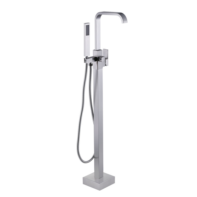 Robinet de baignoire autoportant avec inverseur et douchette à fixation au sol, Nickel brossé