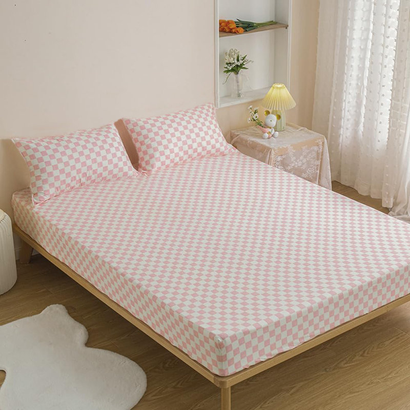 Grid Sheet Set 4 PCs Bedding Sheet Set 1 Fitted Sheet 1 Flat Sheet 2 Pillowcases, Pink Checkered