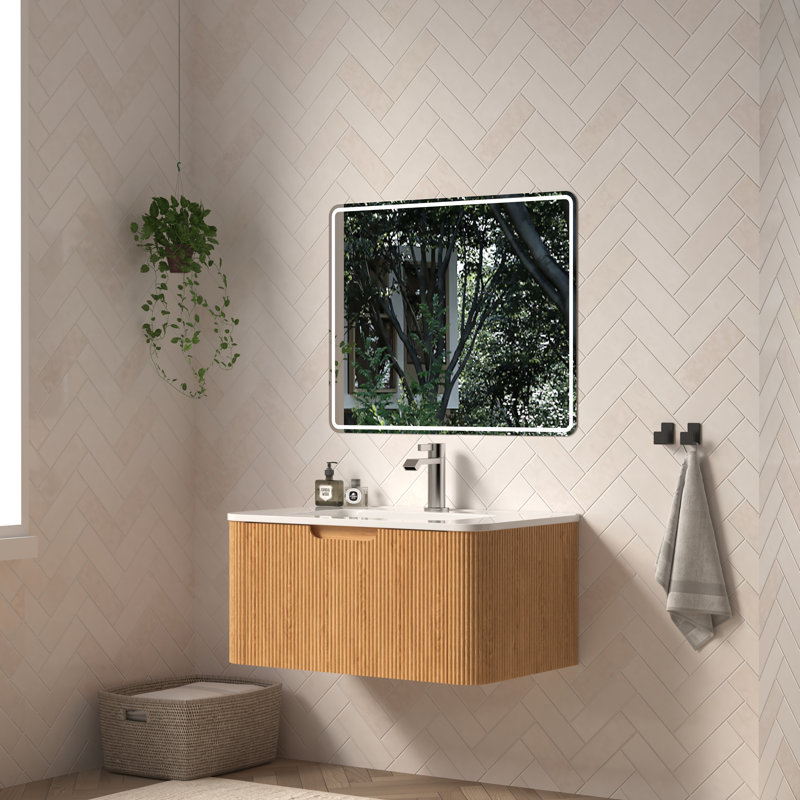 Meuble-lavabo flottant simple 30 po avec lavabo, meuble-lavabo mural moderne avec tiroir à fermeture en douceur, noyer naturel