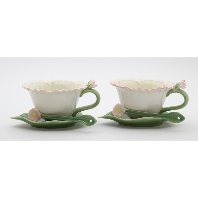 White and Green Ceramic Flower Cup and Saucer Set with Spoon