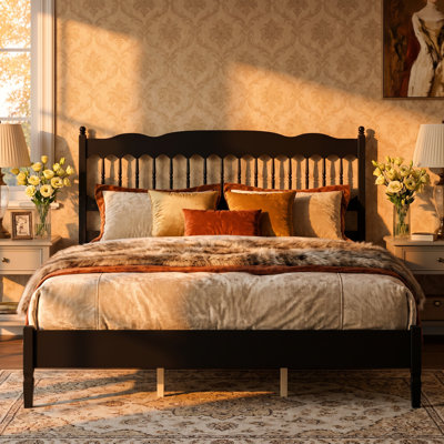 Black King Size Wooden Platform Bed Frame with Spindle‑Designed Headboard, Heavy‑Duty Bed with Wood Slat Support, Box Spring Not Needed, Simple Assembly