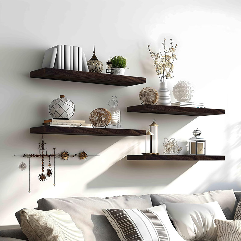 Ensemble de 4 tablettes flottantes rustiques pour le mur - tablettes murales en bois massif pour la chambre à coucher, le salon, la cuisine, la salle de bain - facile à installer