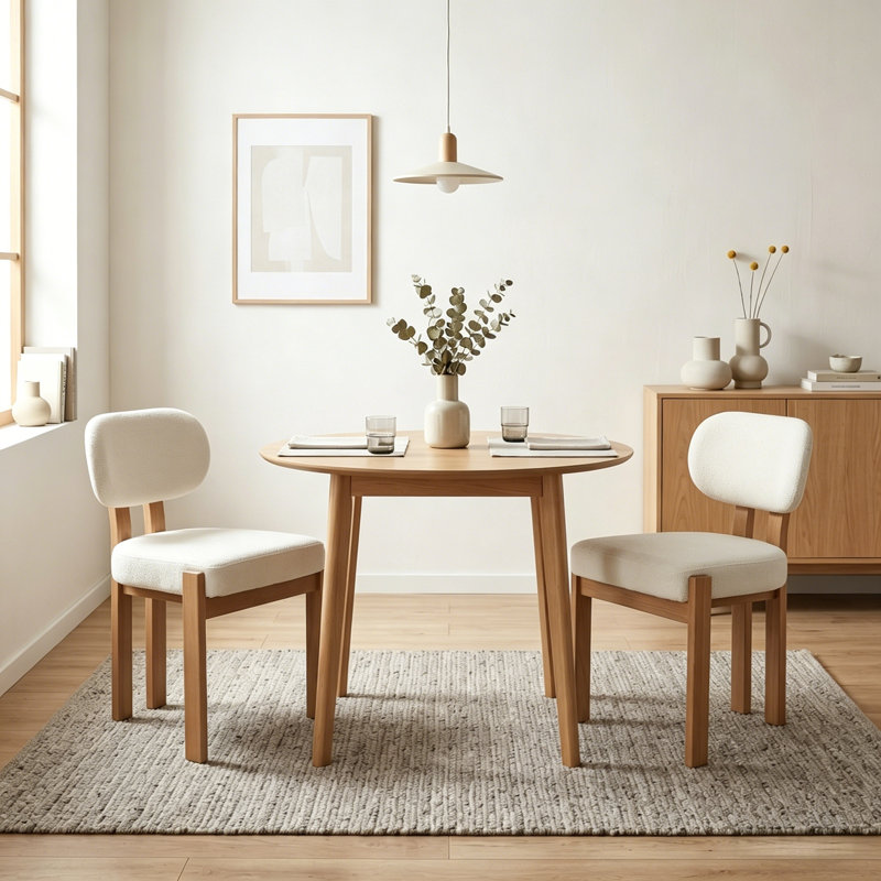 Ensemble de 2 chaises de salle à manger Mid-Century en chenille avec pieds en bois massif, Beige