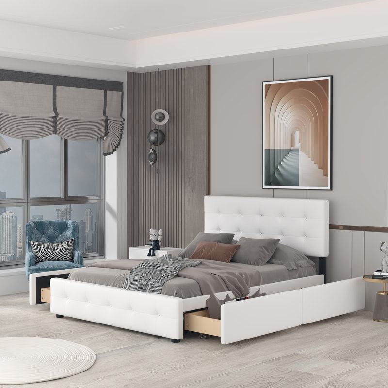 Upholstered Platform Storage Bed, White