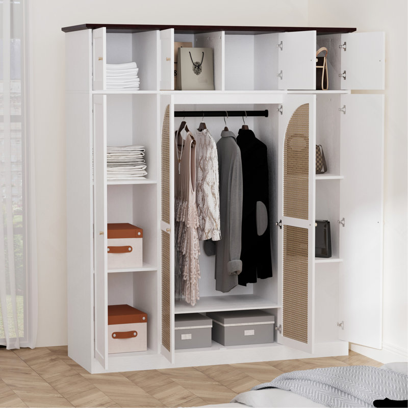 Armoire-penderie 8 portes de 180 cm de hauteur avec tringle et portes en rotin, blanche