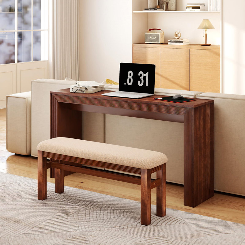 Ensemble de table de bar cannelée rétro avec tabouret de bar rembourré en tissu, table de salle à manger à hauteur de comptoir de 59 po derrière le canapé pour la cuisine ou le salon, noyer