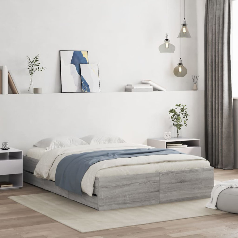 17 Stories Bed Frame With Drawers Double Engineered Wood, Grey Sonoma, UK Double - 135 x 190 cm