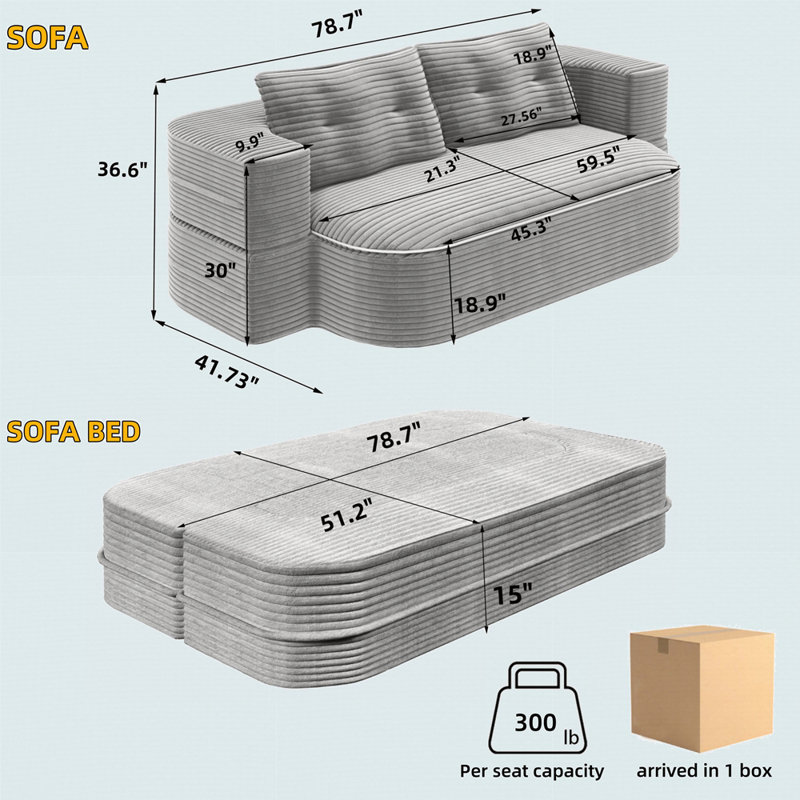 Canapé pliable 2-en-1 de 78,7 po Boneless de Boneless, Beige