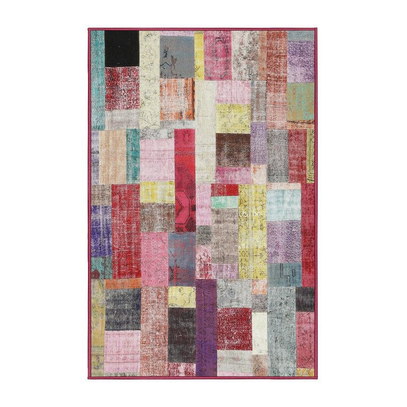 Tapis rouge/brun/bleu zone contemporaine, Rectangle 2 pi x 5 pi