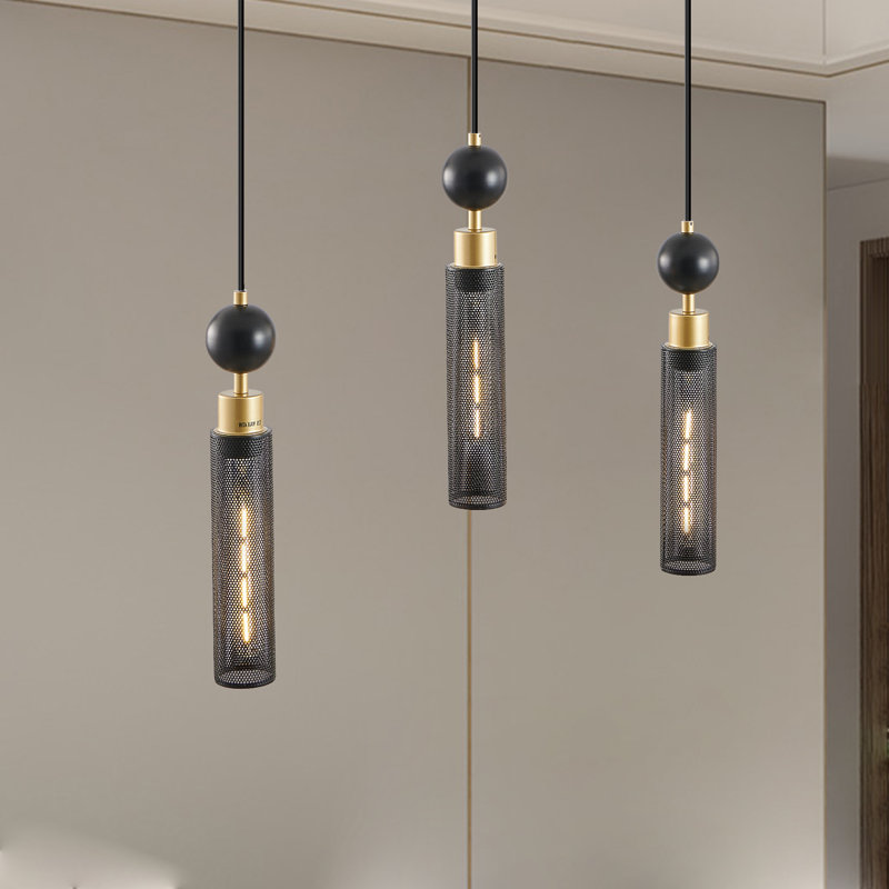 Lustre suspendu moderne à 3 lumières noir et or, lumières suspendues réglables avec abat-jour cylindriques en maille (sans ampoules)