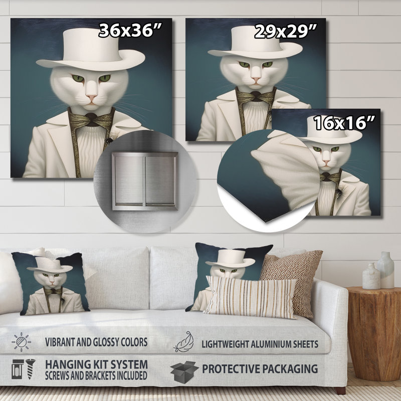 Fancy White Cat In suit With White Hat - Cat, impression murale, Métal métal, H 16 po x l 16 po x P 1 po