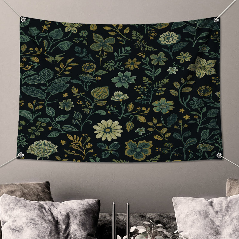 Tapisserie murale à motif floral botanique - Décoration murale florale, 104in H x88 with 4 Grommets