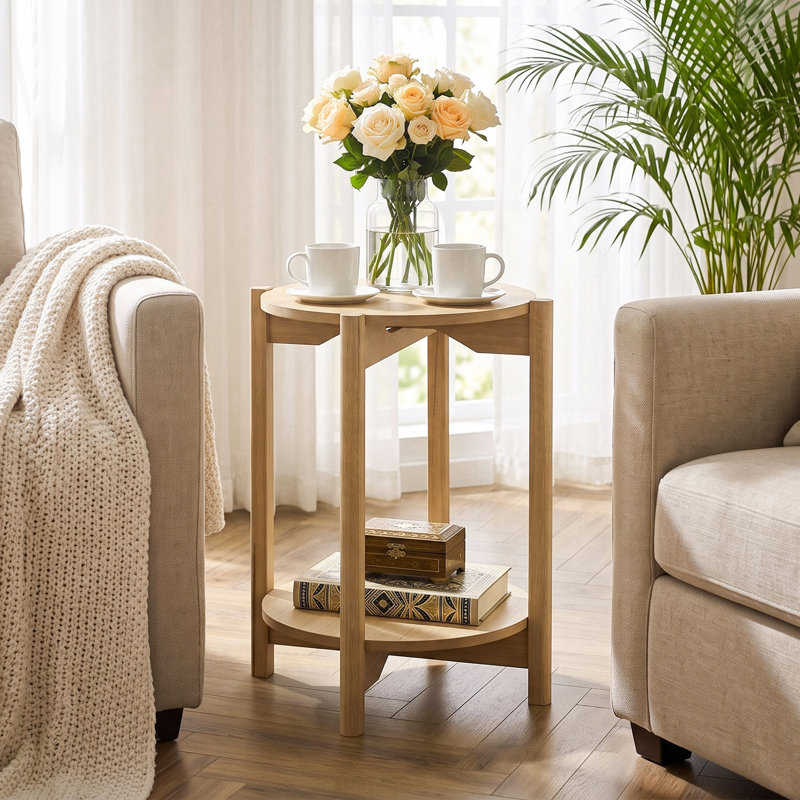 Table de bout ronde avec tablette de rangement ouverte Erim, Plateau brun / base brune