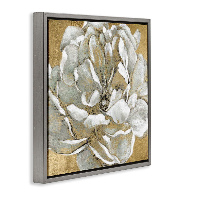 Fleur de magnolia blanc rougissant abstrait, Cadre flottant gris lustré, H 18 po x l 18 po