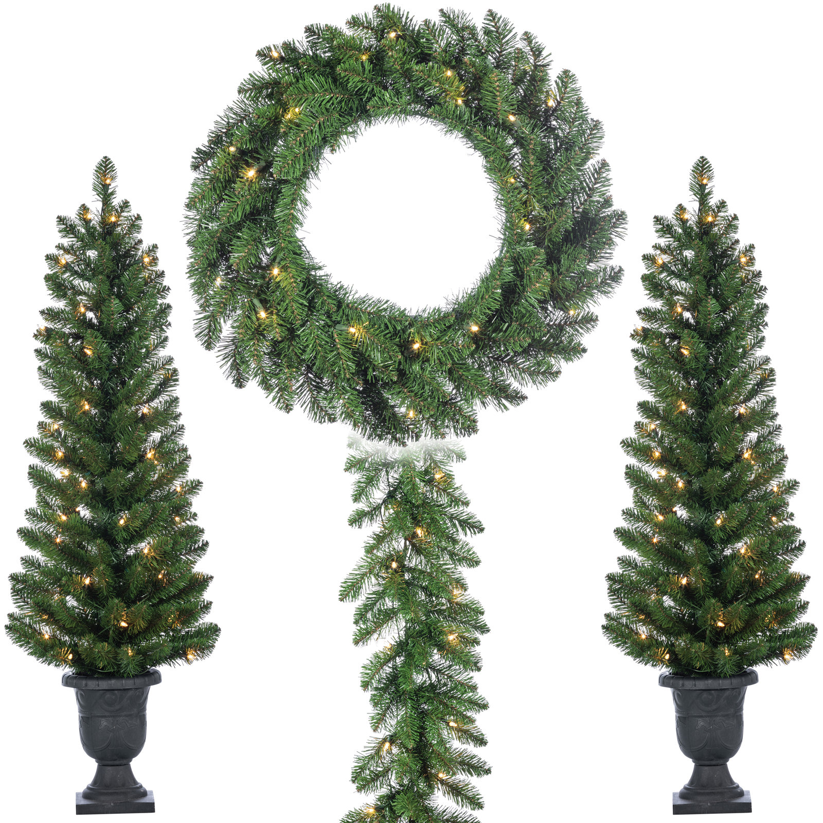 Complete 4 Piece Vancouver Pine Holiday Decor Set With Warm White LED Lights