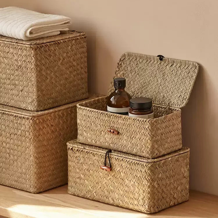 Boîte de rangement tissée avec couvercle, [Moyen], Brun