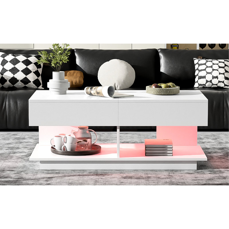 Table basse réglable réglable de 41,3 po à 76,7 po avec rangement polyvalent, bande à DEL 16 couleurs contrôlée et look moderne 41,3 po à 76,7 po, compartiments de rangement multiples multifonctionnels extensibles de 16 couleurs, lisse