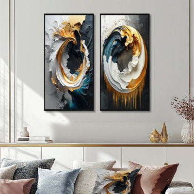 «Black and Gold Moon Lines III - Abstract Shapes», ensemble de 2 pièces d'art mural