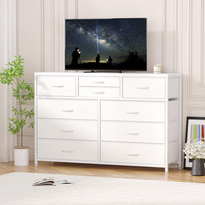 Wide 10 Drawer Fabric Dresser, Wide Top for TV, Steel Frame and Wood Top, Storage Organizer