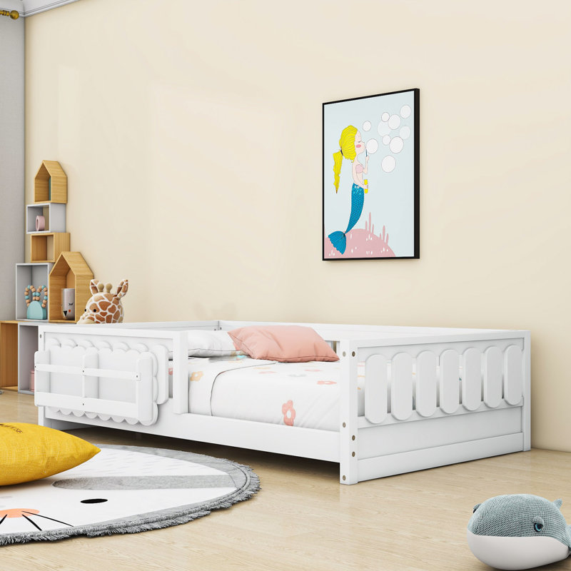 Lit plateforme avec garde-corps et tablettes de rangement, Simple, Blanc
