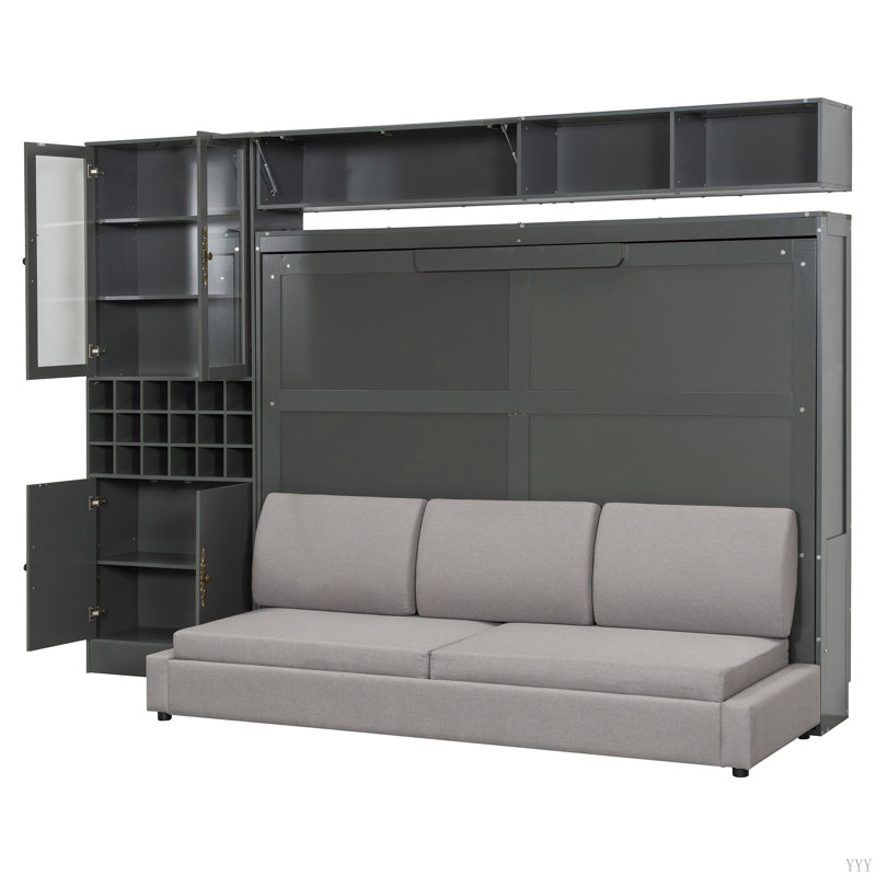 Lit escamotable mural avec canapé, tablettes USB et lumière Murphy, Grand lit, Gris