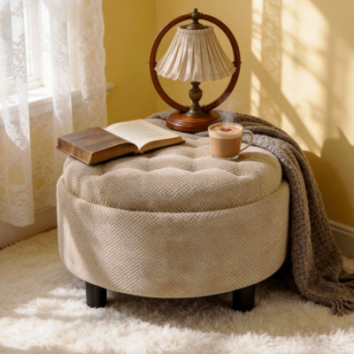 25 Inch Storage Ottoman, Round Footstool, Coffee Table Ottoman, Wooden Top Side Table, Fabric Upholstered Pouf, Small Space Furniture, Hidden Storage,