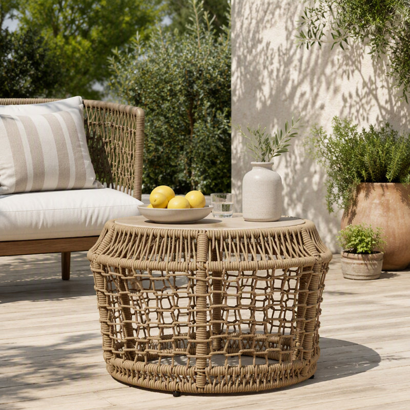 Table d'appoint ronde en bois d'acacia avec structure en corde tressée beige pâle, aucun assemblage requis, table d'appoint résistante aux intempéries pour patio et salon