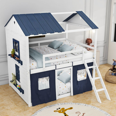 Wood Bunk Bed With Windows, Roof And Shelves, House-Shaped Design
