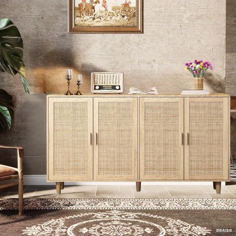 Armoire de rangement en rotin à 4 portes avec pieds, Brun
