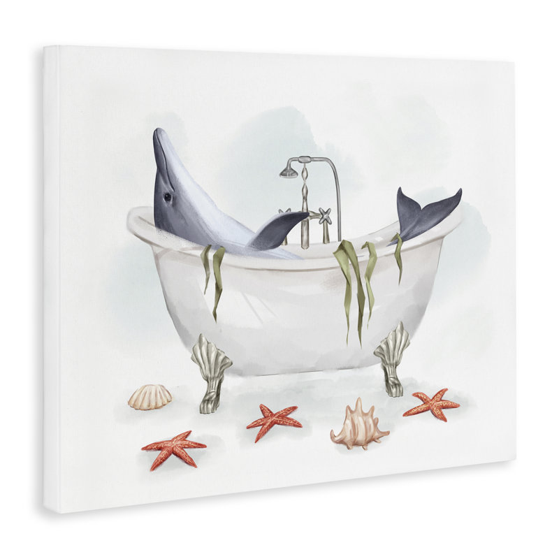 «Dolphin Lounging in Bath Tub Nautical Shells», art mural sur toile tendue XXL par Ziwei Li, Toile tendue, H 30 po x l 40 po