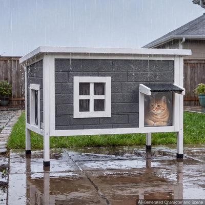 Heated Outdoor Cat House for 1-3 Cats Feral Shelter with Heating Pad, for Outside Winter, Large Weatherproof Windproof Insulated Wooden Home, Waterproof Asphalt Roof, Escape Door & PVC Curtain