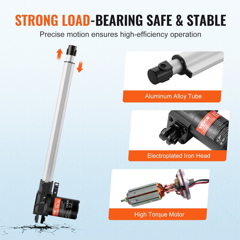 Actionneur linéaire 12 V, 40,6 cm (16 po), robuste, 6 000 N (1 320 lb), vitesse de déplacement linéaire de 4,8 mm/s (0,19 pouce/s), avec support de montage et protection IP44 pour portes électriques, machines industrielles, navires et cargaisons.
