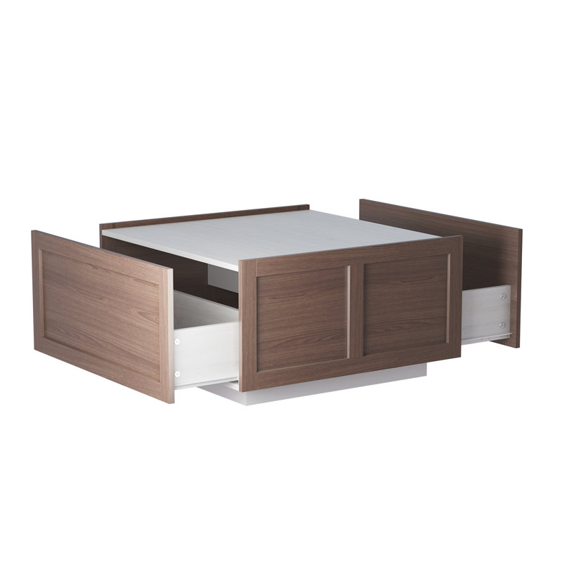 Square Farmhouse Coffee Table with 2 Storage Drawers for Living Room, White