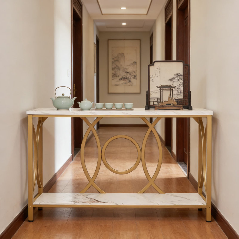 Console moderne avec plateau en faux marbre et rangement à 2 niveaux, canapé étroit pour le salon, le vestibule ou le couloir, structure en bois d'ingénierie et en métal