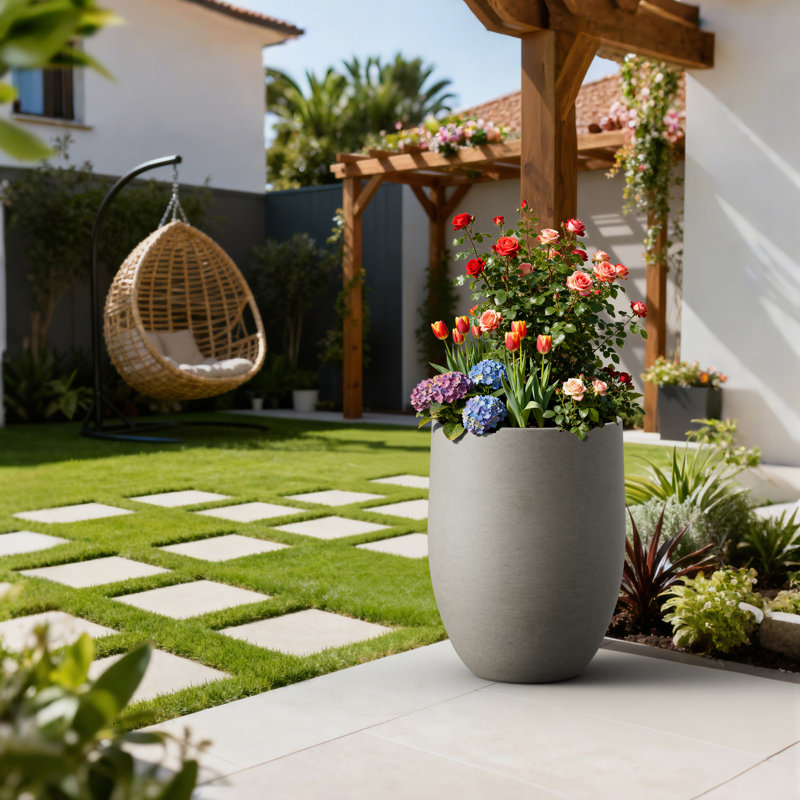 Grand pot à fleurs rond en béton fabriqué à la main gris pierre avec trou de drainage l 16 po x H 21,5 po, Gris naturel