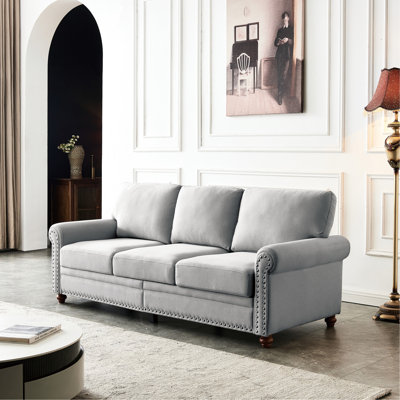 Rangement à pieds en bois massif avec revêtement gris et boîte en tissu de lin confortable