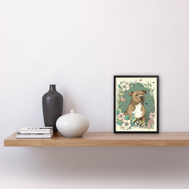 Brown Staffordshire Bull Terrier And Flowers Modern Pastel Boho - Single Picture Frame Print