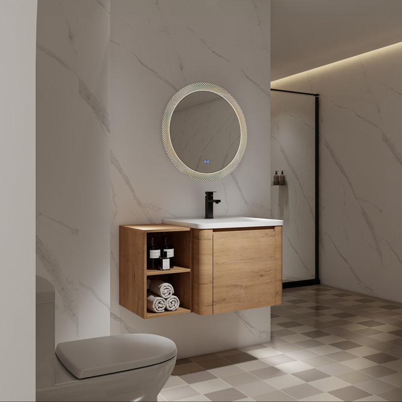 Meuble-lavabo mural avec tablettes de rangement pour lavabo en céramique et porte à fermeture en douceur, 36"