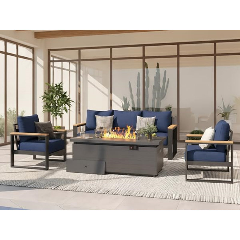 5-Person Aluminum Patio Furniture Set With 50000 Btu Fire Pit Table, Modern Patio Conversation Set With 6'' Olefin Cushions For Balcony, Porch, Backyard