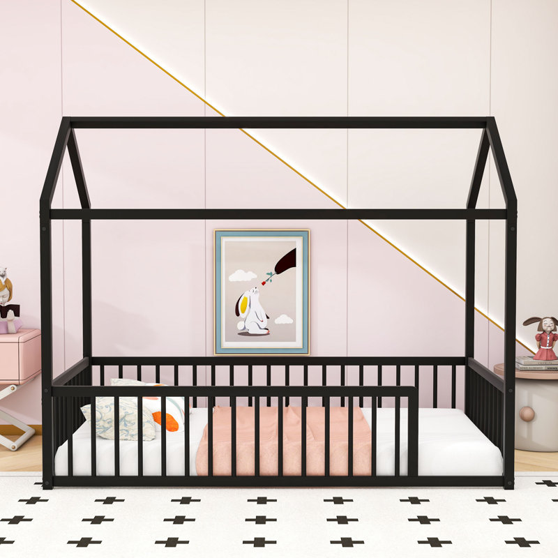 Metal House Shaped Bed With Fence, Twin, Black