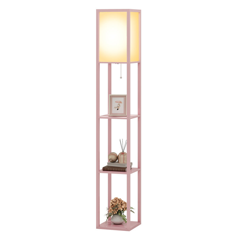 Floor Lamp with 3 Layers Wooden Shelves, Modern 160cm Standing Light Reading Lamp for Living Room, No, Pink