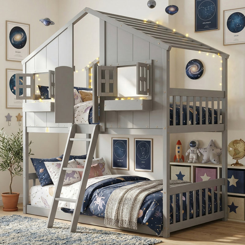 Solid Pine  Wood Twin-Over-Twin Bunk Bed With House-Shaped Frame Guardrails, Space-Saving Loft Bed, Shared Bedroom Furniture